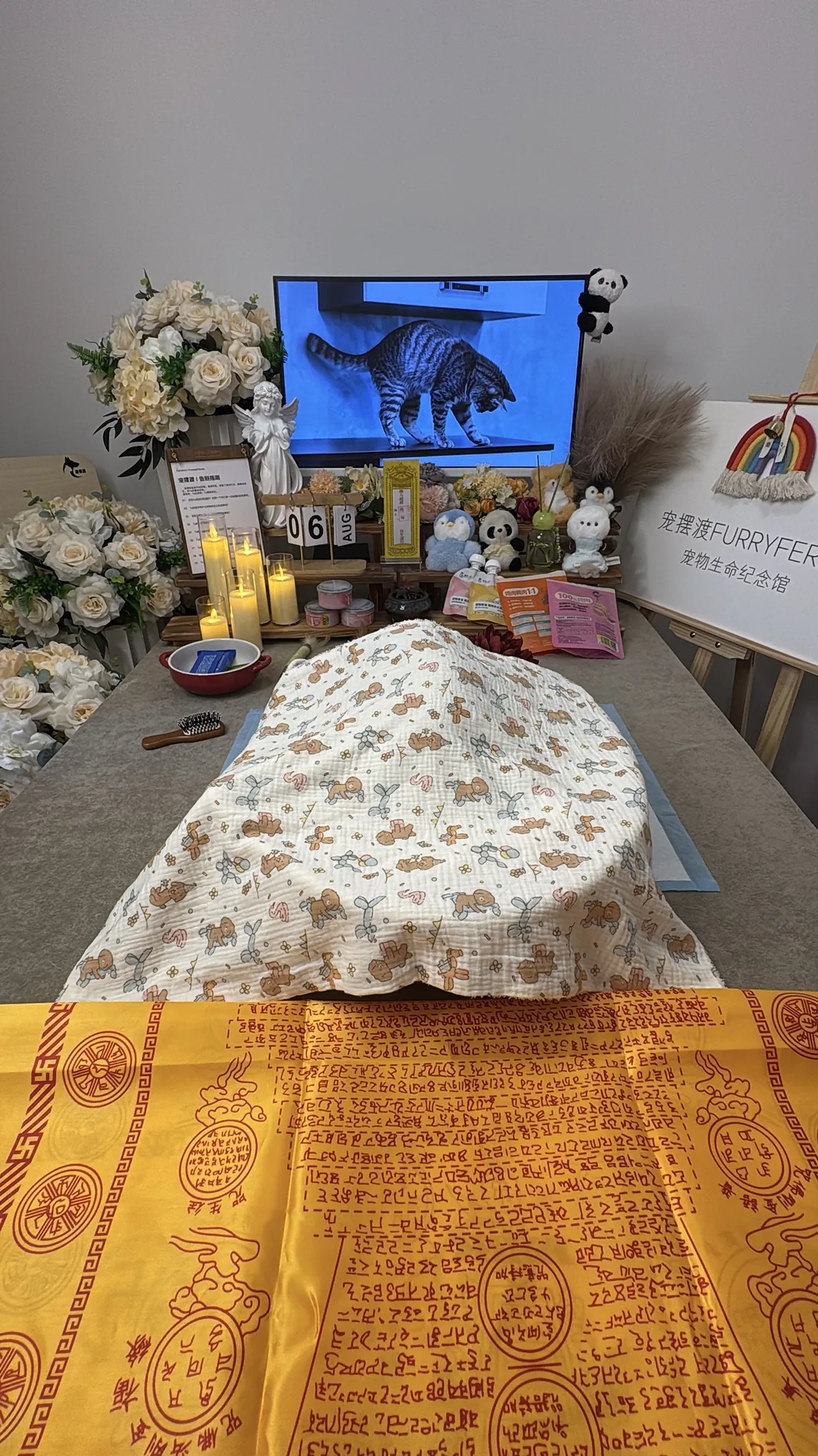 大连宠物告别仪式中的鲜花与纪念照片